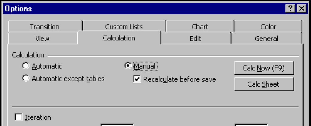 Excel 2000: Level 3 Lesson 9 Using Worksheet Protection Setting manual calculation Even if calculation is set to manual, the worksheet automatically recalculates before every save if