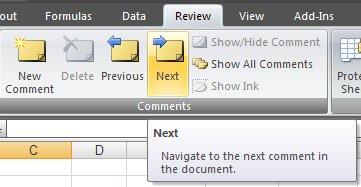 comments. Excel looks for comments beginning with the active cell.