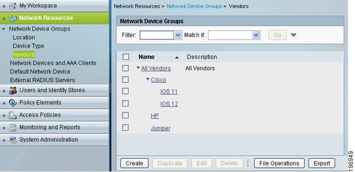 ACS 5.4 Configuration Chapter 2 Figure 2-3 Network Device Group Hierarchies You can assign any device to a node in each of the hierarchies.
