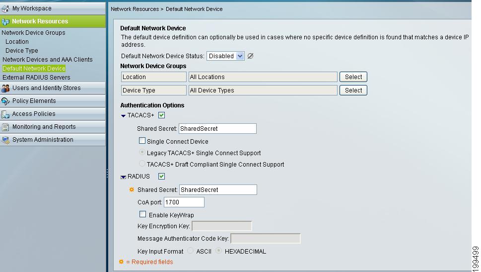 ACS 5.4 Configuration Chapter 2 Figure 2-6 shows the default network device. Figure 2-6 Default Network Device The default network device replaces the default TACACS+ device, 0.0.0.0, in ACS 3.