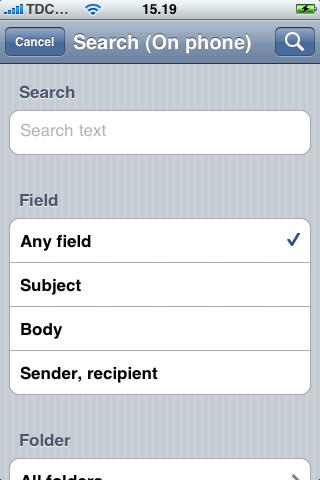 DME Client User Guide 3.5.7 : 2011 Excitor A/S Searching for a text string 1 Tap from the mailbox view, or from the Desktop > E-mails (on phone).