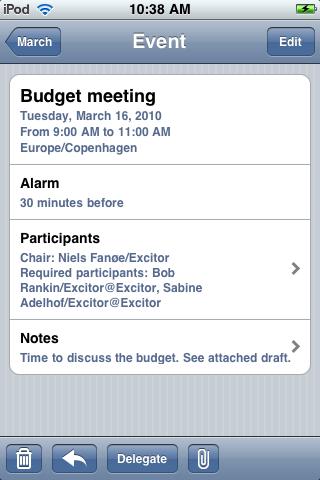 Using DME for ios devices : Calendar Viewing and editing meetings To view details about a meeting in the calendar, tap to open it.
