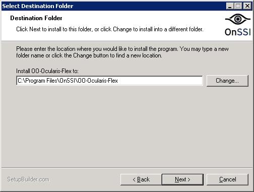 Select Destination Folder where OO-Ocularis-Flex will be installed. Click Back to go back to the Welcome dialog.