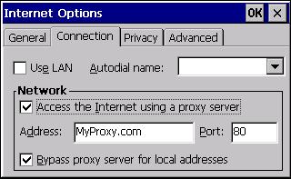 From the Tools menu, choose Options. TheInternet Options dialog box appears. 3. On the Connection tab, select the Access the Internet using a proxy server check box. 4.