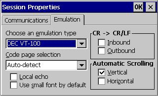 Detailed Operation Communication Ports 5. Tap the Emulation tab and choose an emulation type (DEC-VT-100 or TTY (Generic)). 6. From the Code page selection box, select the coding type to employ. 7.