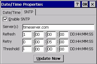 3 Detailed Operation Other Subsystems To set SNTP 1. In the Control Panel, double-tap Date/Time. The Date/Time Properties dialog box appears. Note: Tap Apply after making changes in any box. 2.