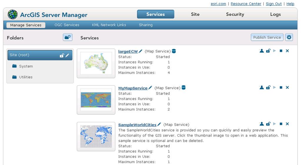 Figure 1 - Two published services with ECW data Example 1: ArcGIS Server configured for high isolation ArcGIS Server configuration: Run instances of this configuration: In a separate process for each