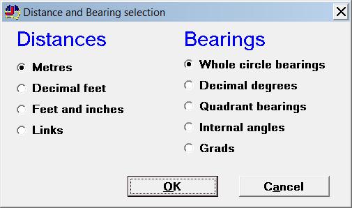 Selection of Distances and Bearings. Areacomp lets you select from different types of distances and bearings. You simply select the units you are using on your plan.