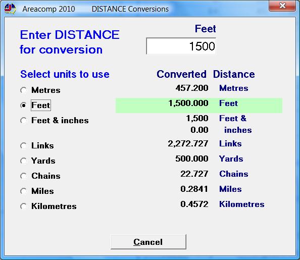 Converting Distances to all other units. The Areacomp Conversions Menu lets you convert any distance value to every other distance unit.