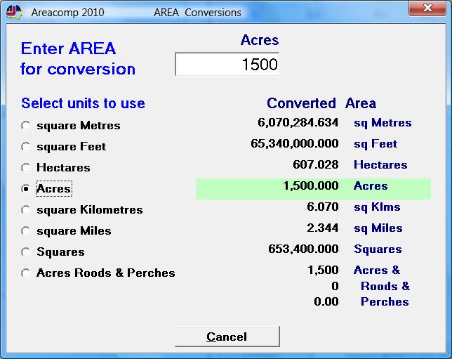 Areacomp instantly converts it to all the other units Converting Areas to all other units. The Areacomp Conversions Menu lets you convert any Area value to every other Area unit.