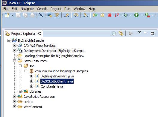 Step 3 The sample BigInsightsSample should appear in the Project Explorer Figure 10 BigInsightsSample project in Eclipse Step 4 Feel free to explore the code. BigSQLJdbcClient.