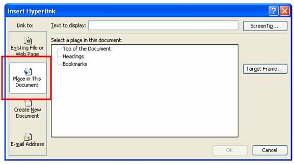 Figure 42 Insert Hyperlink Dialog Box: Place in This Document 4. Select the bookmark that the text will link to under Bookmarks in the Select a place in this document: list box. 5.