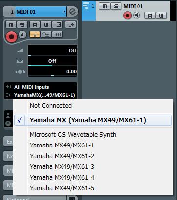 7 On the MIDI track, set the Input/ Output Routing to allow MX49/MX61 data to be input to Cubase and to allow MIDI track data to be output to Port 1 of the MX49/MX61.