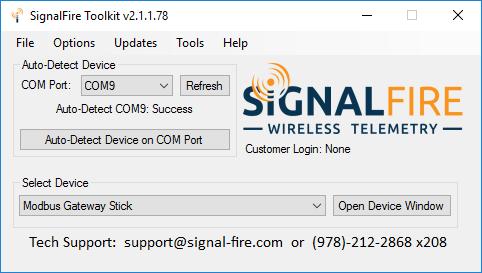 Setup The DIN Gateway requires an initial configuration over the debug port. The supplied SignalFire Toolkit PC application will be used to configure the device over the serial port.