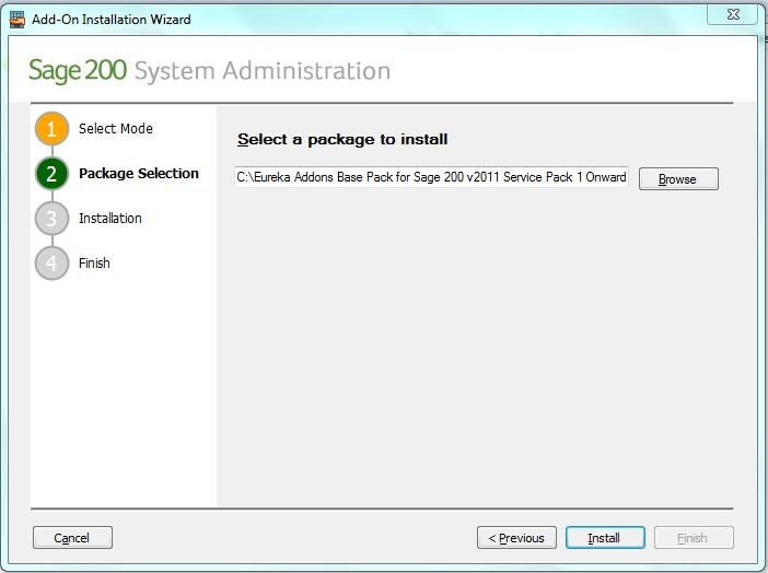 Selecting the Eureka Addons Package To select the correct package, either type in the full path or click the Browse button to locate the required installation file: e.g. Eureka Addons Base Pack for Sage 200 v2011.