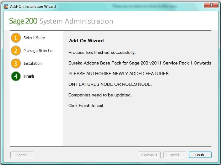 Updating the Sage 200 Companies On successful installation of the package, the following screen in the wizard