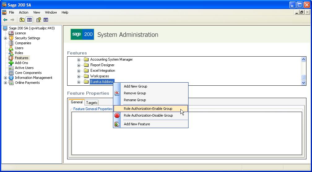Making the Eureka Addons Available to Users An important feature of the Sage 200 System Administration utility is having the ability to choose for only certain users to have access to Sage 200