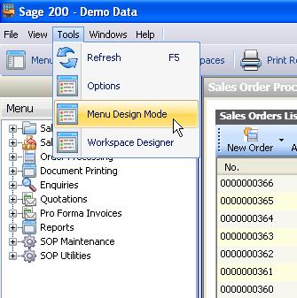 Using the Menu Design Mode in Sage 200 Log in to Sage 200 as a user who has the ability to edit menus for roles.