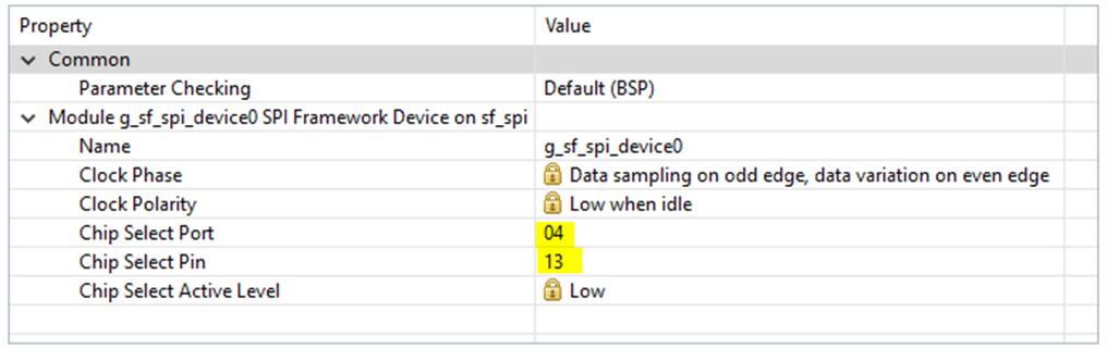Select the g_sf_spi_device0 SPI Framework Device on sf_spi block and change its settings to reflect the following: 3.1.2.