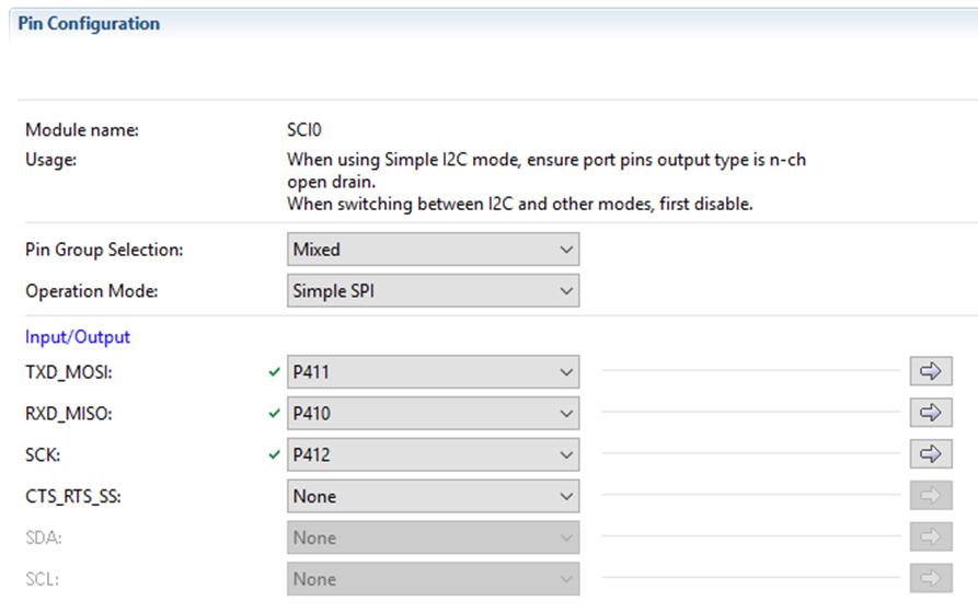 Go to Pin Configuration section and change the settings to reflect the following: Figure 13: SCI0 Pins configuration.