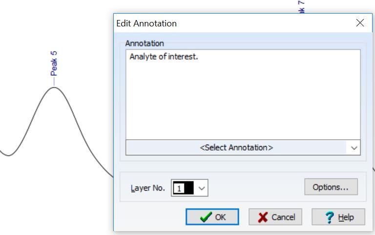 Annotation Quick Start Guide You can annotate single peaks and whole regions of an open spectrum, chromatogram, or curve. 1. In the Interpret group of the Workflow bar, click Annotation ( ).