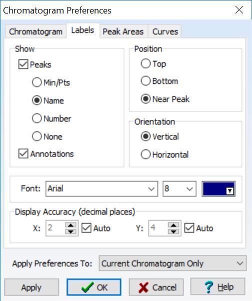 choose Chromatogram Preferences, and in the Labels tab, choose your settings.