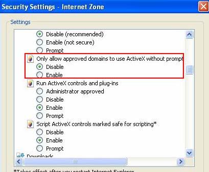 Disable Only allow approved domains to use ActiveX without prompt. B.