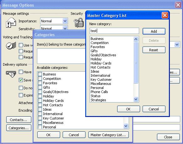 Chapter 5. Using Outlook Figure 5.21. Add category in Oulook 2000/2003 
