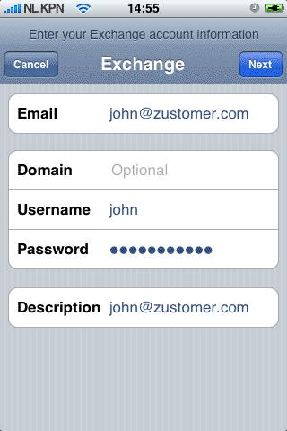 iphone based configuration 3. Enter the user credentials, and touch Next. Figure 8.7. User settings 4. The device will try to contact the server. If the server is not equal to zustomer.