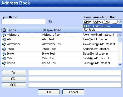Compose and send a new email Figure 2.8. Address Book Note Since 6.30.0 it is possible to add company-wide defined address lists in the Address Book.