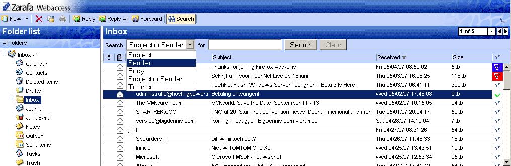 Chapter 2. Using the Zarafa WebAccess Figure 2.21. Searching Options The seach bar allow a user to enter a search query and choose where to search.