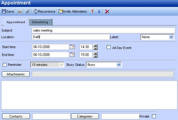 Create new appointment with invitations and free/busy status 2. Select the button New to create a new appointment. A dialog as shown in Figure 2.26, New Appointment pops up. Figure 2.26. New Appointment 3.