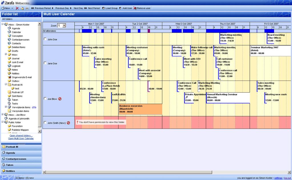 Chapter 2. Using the Zarafa WebAccess Figure 2.33. Multi User Calendar 2.7.1. Adding a user to the time line 1. Click on the Add User button in tool bar at the top (see: Figure 2.