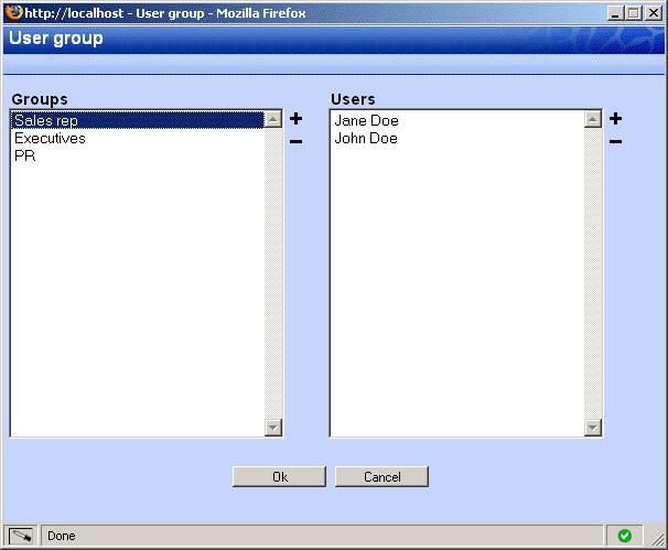 Load group dialog Figure 2.35. User groups 2. Select a group in the left list and click on the button Ok. 3. The group of users is added to the time line and their appointments are loaded per user. 2.7.