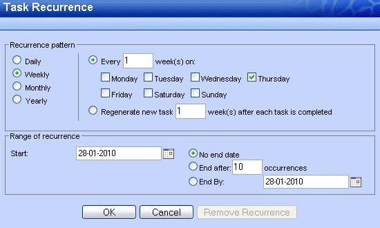 Recurrence in Tasks Figure 2.42. Task overview 2.8.1. Recurrence in Tasks Figure 2.43. Task Recurrence 2.8.1.1. Add/Change Recurrence in a Task Only the owner of a task can change the task in a recurring task.