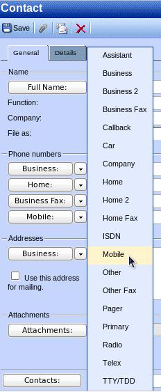 Chapter 2. Using the Zarafa WebAccess Figure 2.51. Cascade menu to choose the phone type 2.10.