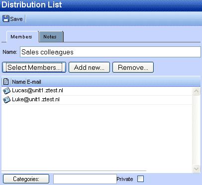 Public Folder Favourites Figure 2.52. New Distribution list window With the button Select Members contacts can be selected from the Address Book to add to the distribution list.