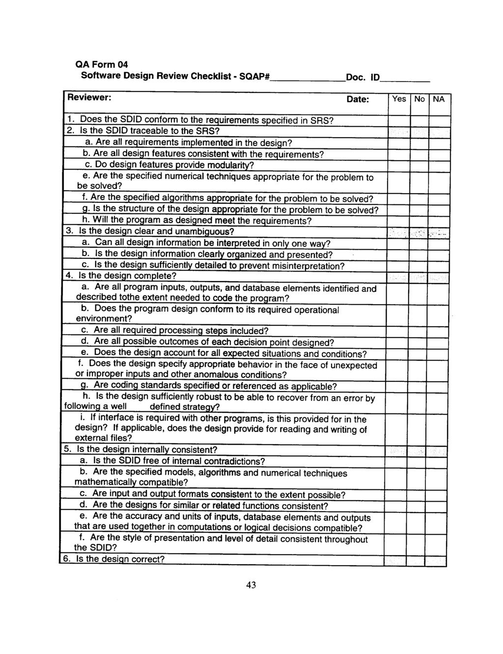 QA Form 04 Software Design Review Checklist - SQAPP Doc. ID Reviewer: Date: Yes No NA 1. Does the SDID conform to the requirements specified in SRS? 2. Is the SDID traceable to the SRS? a.
