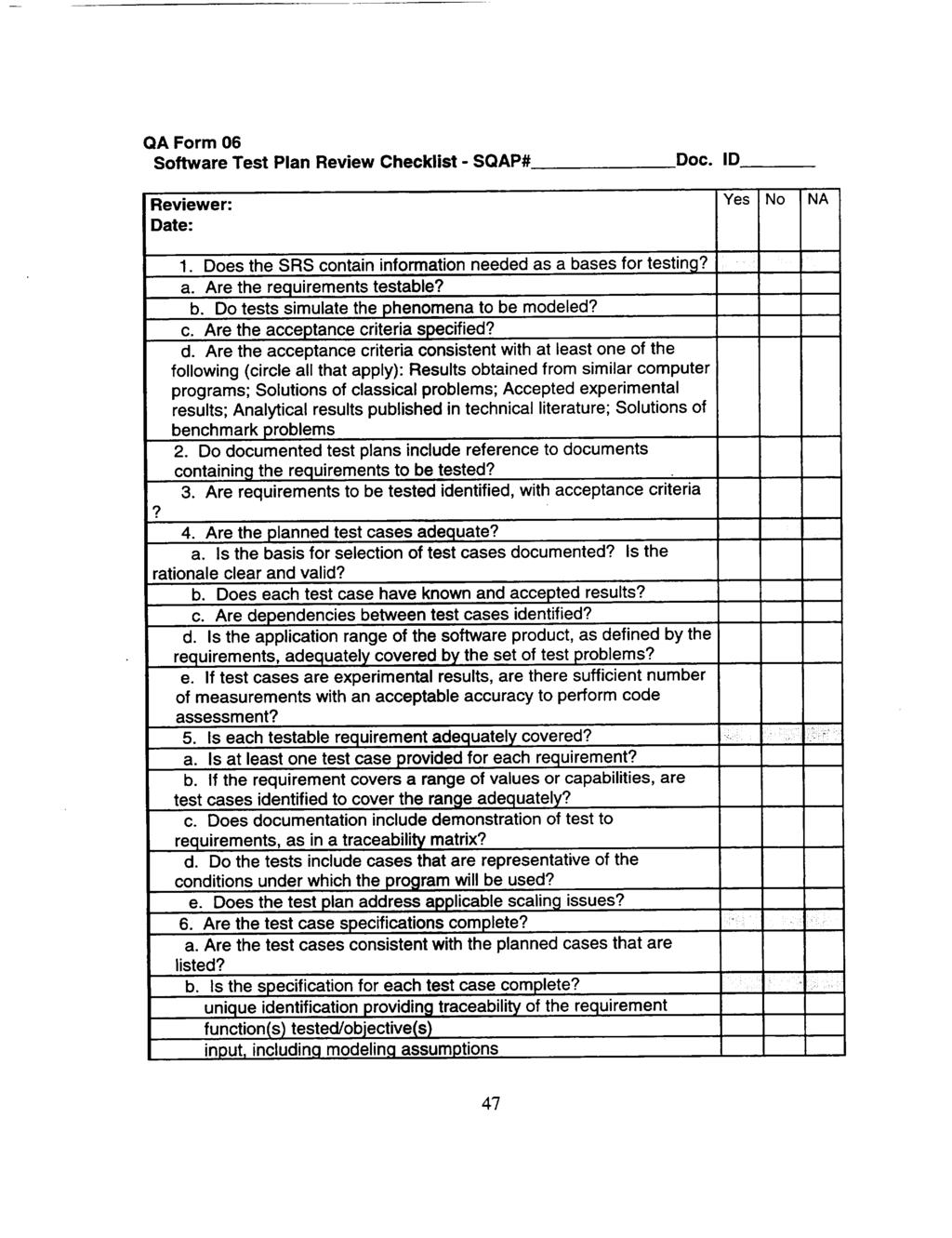 QA Form 06 Software Test Plan Review Checklist - SQAP# Doc. ID Reviewer: Yes No NA Date: 1. Does the SRS contain information needed as a bases for testing? a. Are the requirements testable? b. Do tests simulate the phenomena to be modeled?