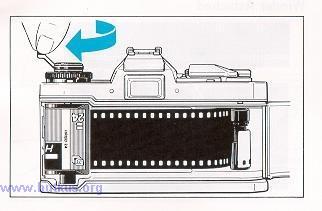5) Erect the Film Rewind Crank and turn it in the direction of the arrow to