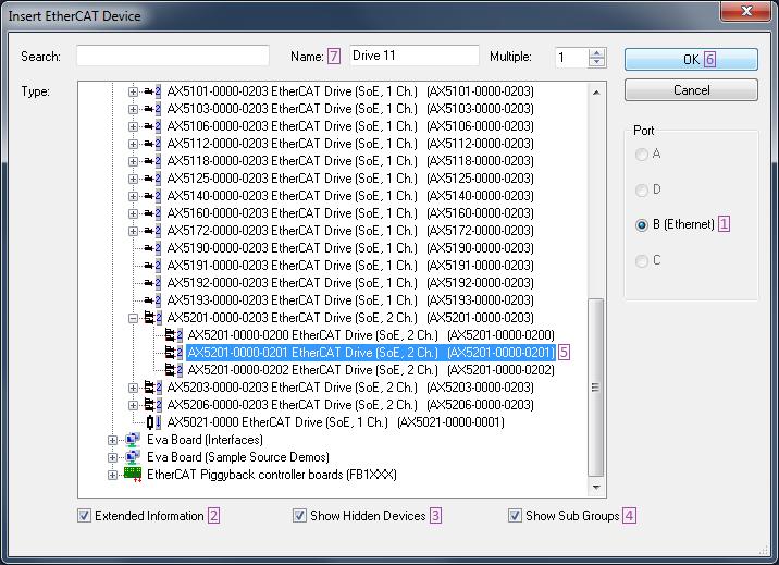 Dialog: Insert EtherCAT Device ü The Insert EtherCAT Device dialog is opened. ü Within the Type-subtree there is the entry Drives within the devices tree. 1.
