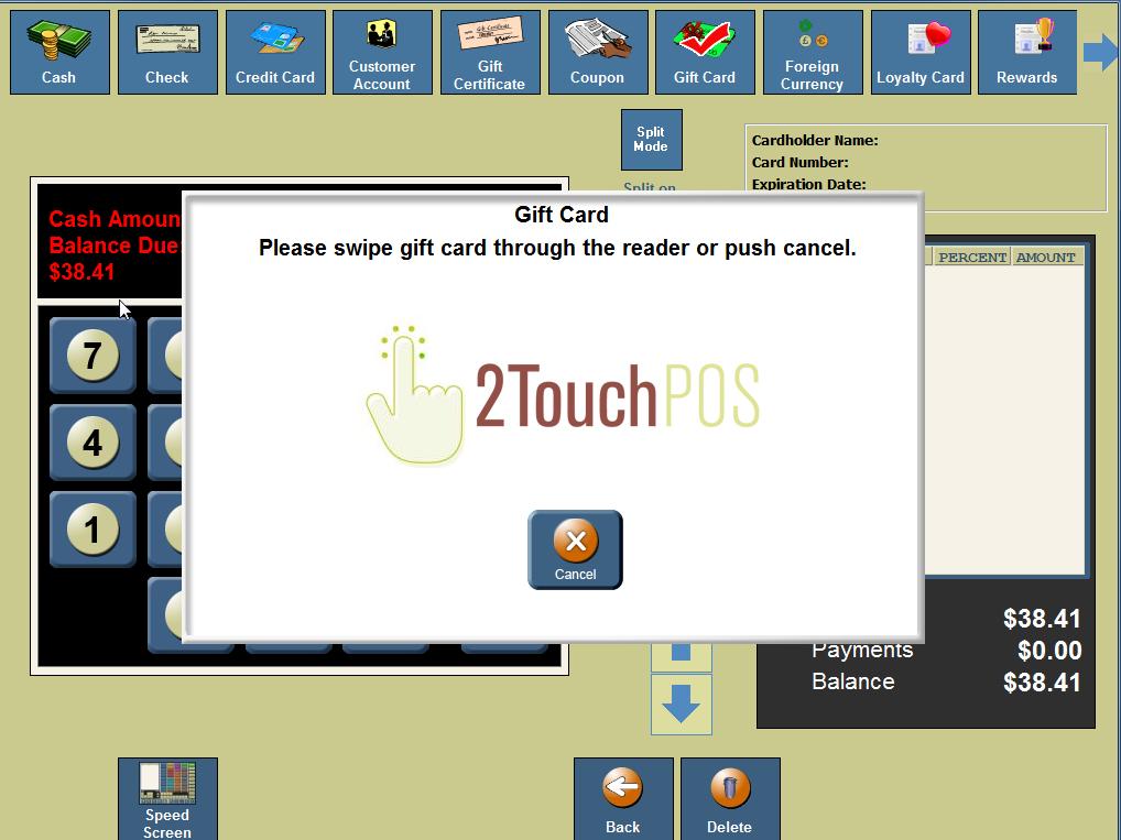 Taking Payment with a Gift Card Speed Screen 1. From Speed Screen, Touch Tabs button. 2. Select an open tab. 3. Touch Payment button. 4. Follow either Figure 1 or 2 Table View Management Screen 1.