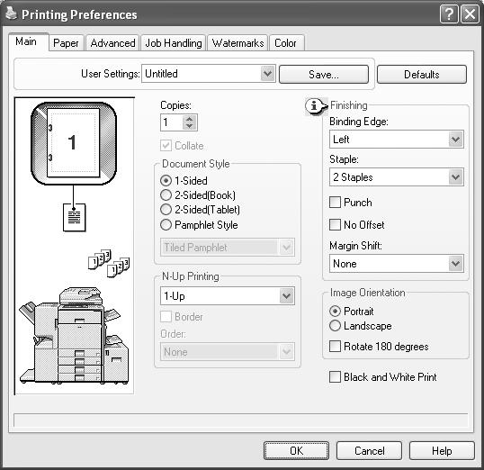 Open the printer driver properties window from the print window of the software application. (1) Select the printer driver of the machine. (2) Click the [Preferences] button.