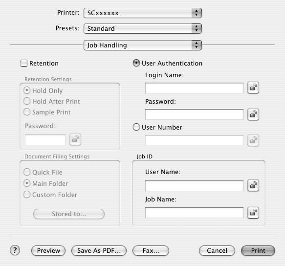 3 Start printing. (1) Enter your user information. When authentication is by login name/password Enter your login name in "Login Name" and your password in "Password" (1 to 32 characters).