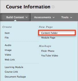 2. Click Course Information on the left side of your screen. Click Build Content, then Content Folder under the New Page column. 3.