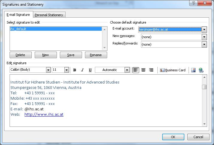 In the Signatures and Stationery dialog box, click the signature that you just created in the