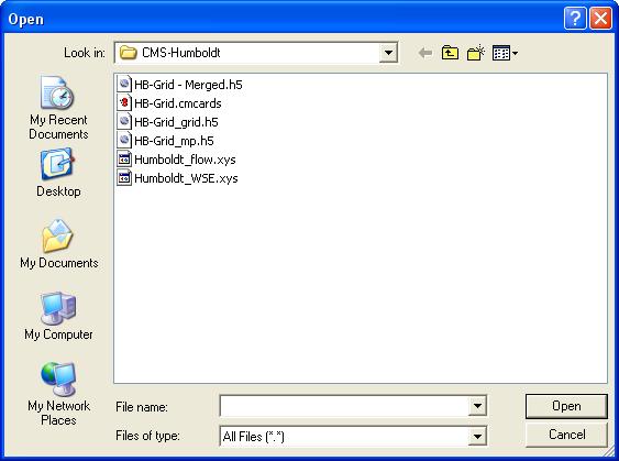 Figure 8. File Open Dialog in SMS. Within SMS, cellstrings are the vehicles by which boundary forcing information is stored for CMS-Flow grids and can be generated manually or automatically.