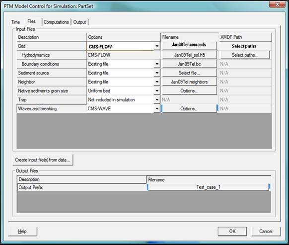 Figure 4. Files page of the PTM control window. Grid - Select CMS-Flow under the Options tab and specify the name of the cards file in the Filename column. The PTM v2.