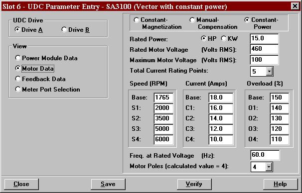 2.3.2.2 Constant Power Motor Data Screen When Constant Power is selected, a new screen is displayed, and the following information must be entered. See figure 2.6. Figure 2.