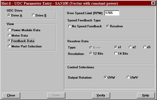 2.3.3 Feedback Data Screen (Vector with Constant Power) The Feedback Data Parameter Entry Screen allows you to enter specific information about the resolver connected to the Resolver and Drive I/O